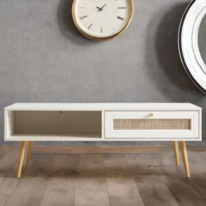 Rajasthani White Solid Wood Rattan Coffee Table