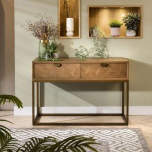 Indian Console Hallway Table Oak & Gold Brown