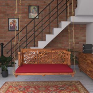 Vintage Carved Back Designed Red Upholstery Handmade Swing for Home [Jhula]