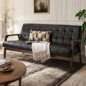 Wooden Black Leather Sofa