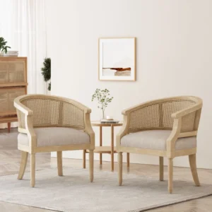 Wooden Rattan Upholstered Armchair (Set of 2)