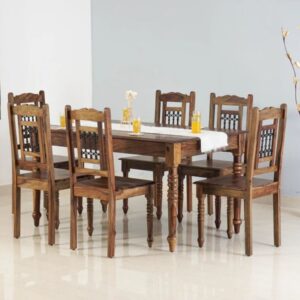 Wooden 6 Seater Dining Set With 6 Chairs - Teak Finish