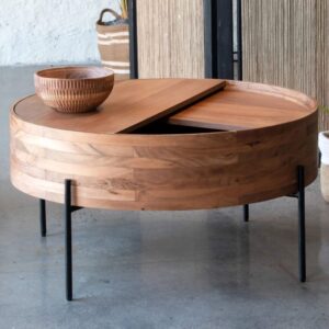 Handmade Round Wooden & Iron Coffee Table - Natural