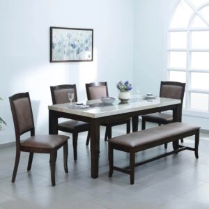 Wooden Artistic Marble Six Seater Dining Set in Antique Bench