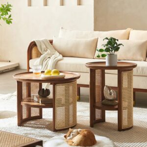 Wooden Side Table & Coffee Table with Storage Shelf for Living Room